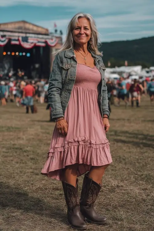 A woman over 50 dressed in a soft pink sundress with ruffle hem, denim jacket over her shoulders, and dark brown mid-calf cowboy boots