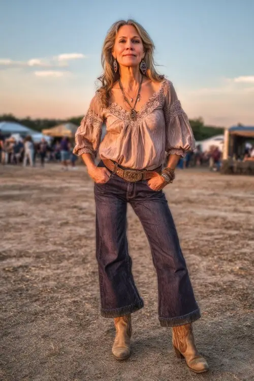 A woman over 50 in a peasant-style blouse with delicate lace details, dark bootcut jeans, and distressed tan cowboy boots 