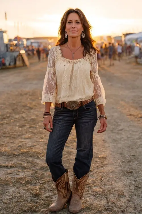 A woman over 50 in a peasant-style blouse with delicate lace details, dark bootcut jeans, and distressed tan cowboy boots 