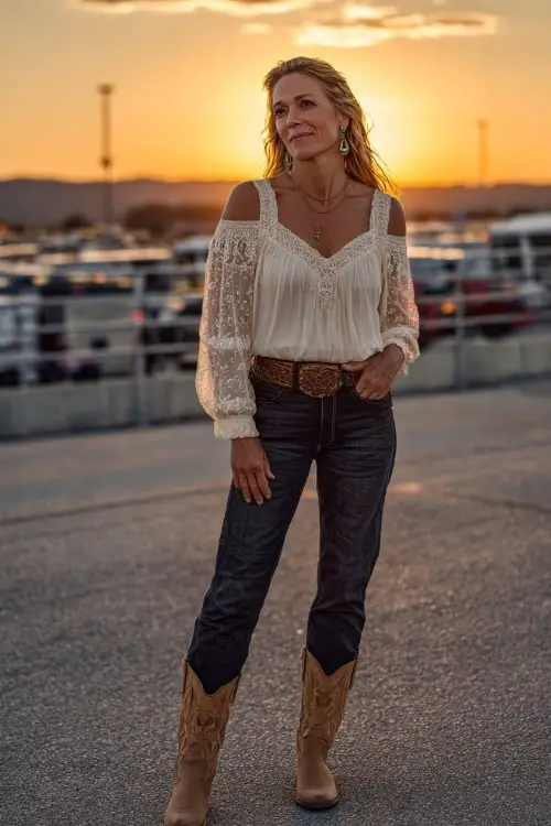 A woman over 50 in a peasant-style blouse with delicate lace details, dark bootcut jeans, and distressed tan cowboy boots