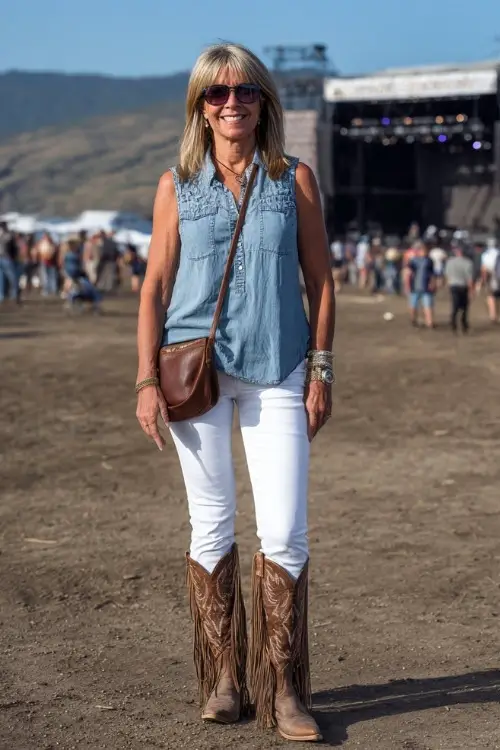 A woman over 50 in relaxed-fit white jeans, a sleeveless chambray blouse, and fringed brown cowboy boots, accessorized with a leather crossbody bag and aviator sunglasses 