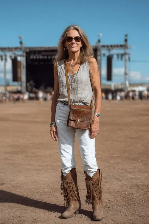 A woman over 50 in relaxed-fit white jeans, a sleeveless chambray blouse, and fringed brown cowboy boots, accessorized with a leather crossbody bag and aviator sunglasses