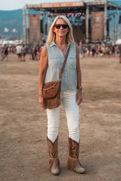 A woman over 50 in relaxed-fit white jeans, a sleeveless chambray blouse, and fringed brown cowboy boots