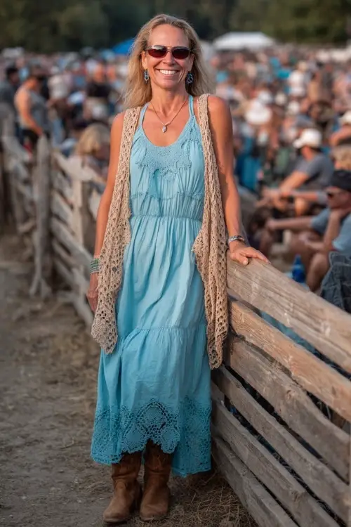A woman over 50 wearing a breezy sleeveless maxi dress in soft turquoise, layered with a lightweight crochet shawl and suede ankle boots 