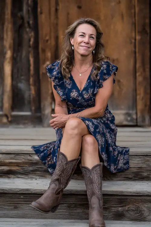 A woman over 50 wearing a navy floral knee-length dress with flutter sleeves, paired with classic brown cowboy boots and pearl drop earrings 