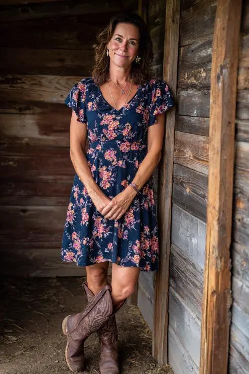 A woman over 50 wearing a navy floral knee-length dress with flutter sleeves, paired with classic brown cowboy boots and pearl drop earrings
