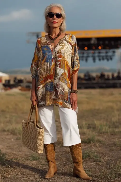 A woman over 50 wearing crisp white capri pants, a flowy printed tunic top, and tan suede cowboy boots, accessorized with a chunky necklace and a woven tote bag 