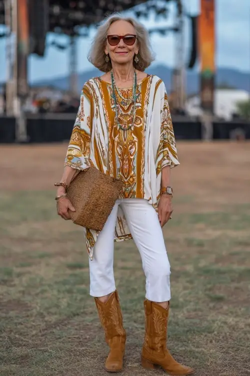 A woman over 50 wearing crisp white capri pants, a flowy printed tunic top, and tan suede cowboy boots, accessorized with a chunky necklace and a woven tote bag 