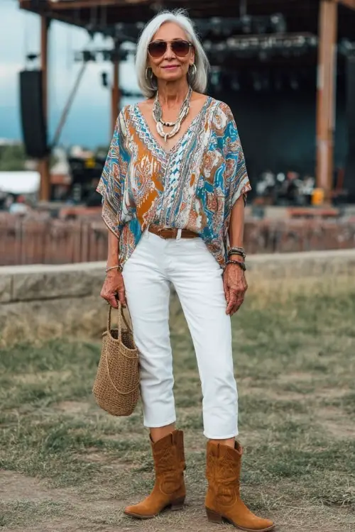 A woman over 50 wearing crisp white capri pants, a flowy printed tunic top, and tan suede cowboy boots, accessorized with a chunky necklace and a woven tote bag
