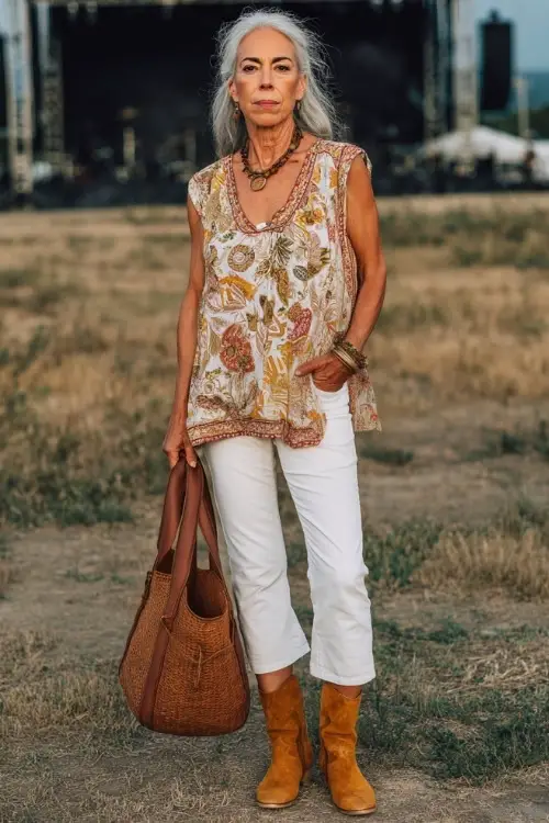 A woman over 50 wearing crisp white capri pants, a flowy printed tunic top, and tan suede cowboy boots