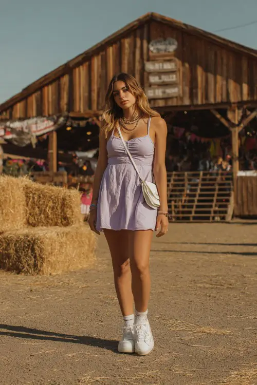 A woman wearing a babydoll mini dress in soft lavender, paired with white low-top sneakers and a crossbody bag 