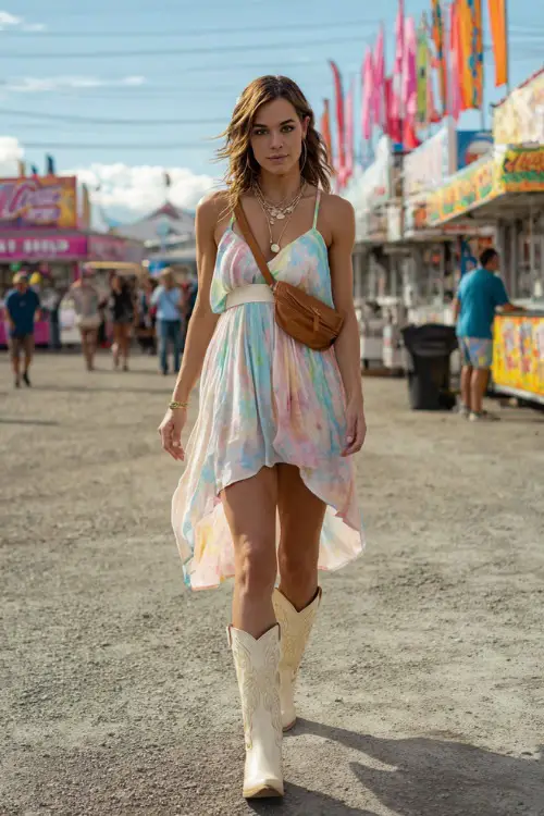 A woman wearing a breezy high-low dress in soft pastels, styled with a tan crossbody bag and cream cowgirl boots 