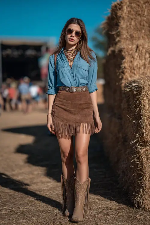 A woman wearing a chambray shirt tucked into a suede mini skirt, complemented by fringe booties and a statement necklace 