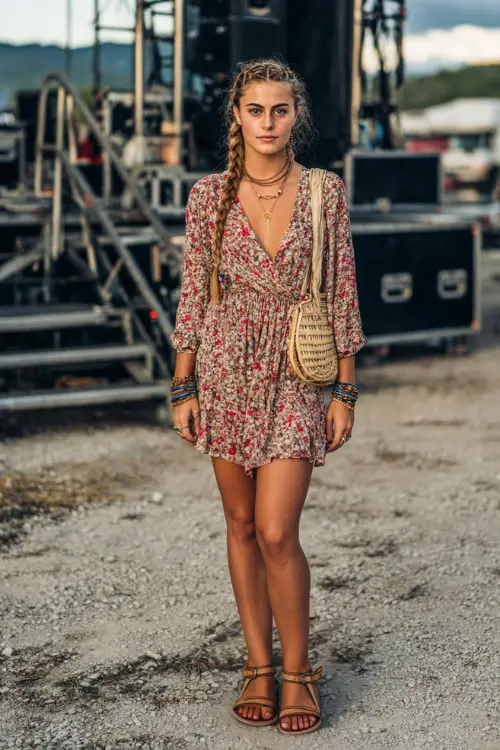 A woman wearing a floral A-line mini dress with tan buckle sandals and a straw crossbody bag, styled with a loose braid and layered bracelets