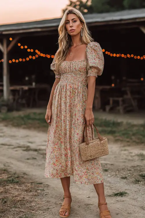 A woman wearing a floral smocked midi dress with puff sleeves and tan strappy flat sandals, accessorized with a woven crossbody bag and pearl drop earrings 