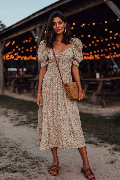 A woman wearing a floral smocked midi dress with puff sleeves and tan strappy flat sandals, accessorized with a woven crossbody bag and pearl drop earrings