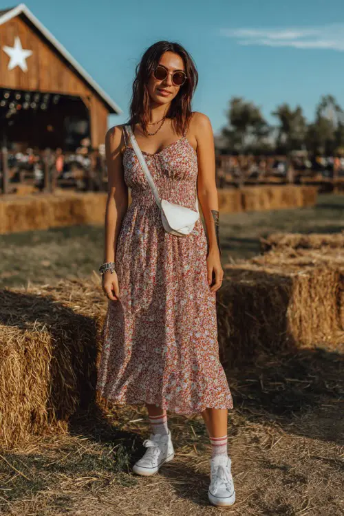 A woman wearing a flowy floral sundress with spaghetti straps and white canvas sneakers, accessorized with a crossbody bag and round sunglasses 
