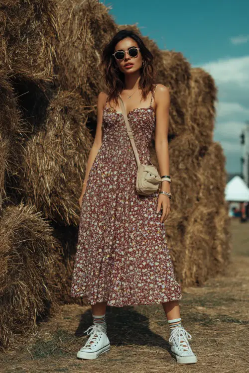 A woman wearing a flowy floral sundress with spaghetti straps and white canvas sneakers, accessorized with a crossbody bag and round sunglasses