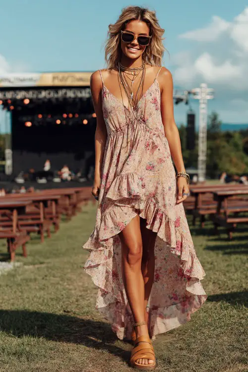 A woman wearing a high-low ruffle hem dress with a floral print and tan slide sandals, accessorized with oversized sunglasses and layered necklaces 