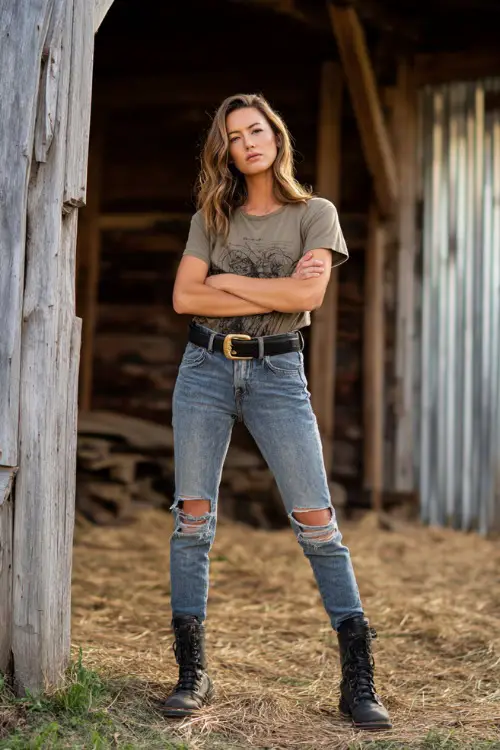 A woman wearing a loose-fitting band tee tucked into ripped skinny jeans, accessorized with a black belt and combat boots