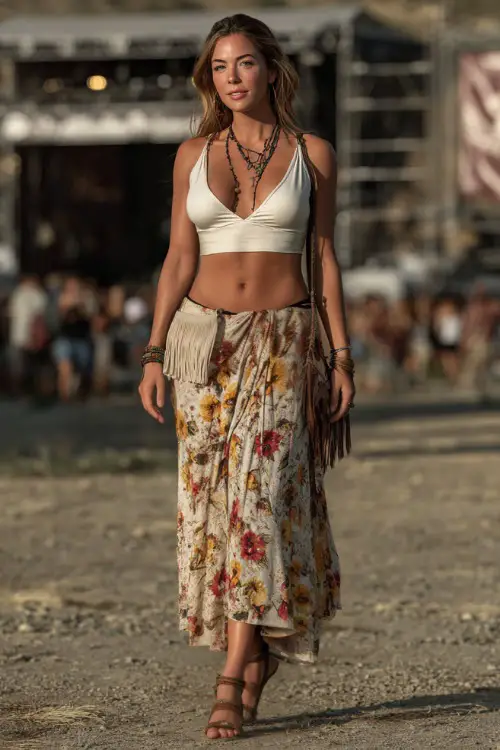 A woman wearing a printed maxi skirt, white crop top, and strappy sandals with gold accents, accessorized with a beaded necklace and small fringe purse