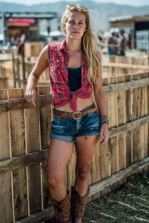 A woman wearing a red plaid button-up shirt tied at the waist over a black tank top, paired with denim shorts and brown cowboy boots 