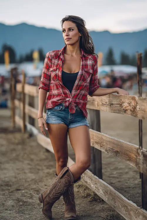 A woman wearing a red plaid button-up shirt tied at the waist over a black tank top, paired with denim shorts and brown cowboy boots
