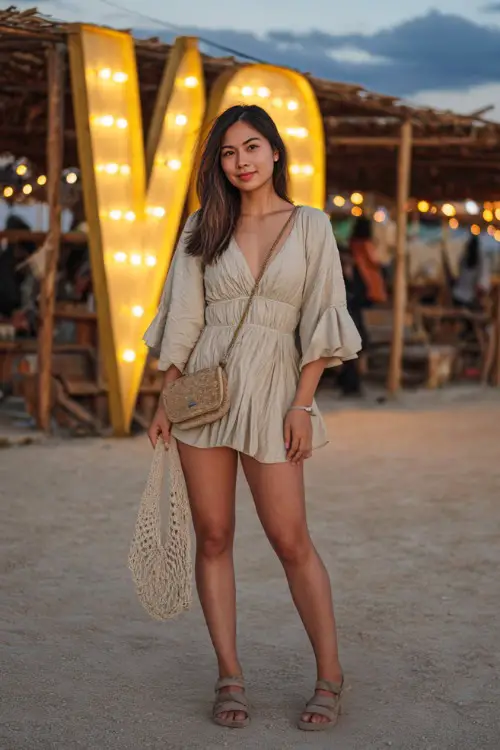 A woman wearing a shirred mini dress with flutter sleeves, paired with metallic flat sandals and a macrame bag