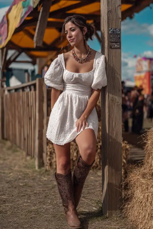 A woman wearing a white eyelet lace mini dress with puff sleeves and distressed brown cowboy boots, accessorized with a beaded necklace and relaxed hairstyle 