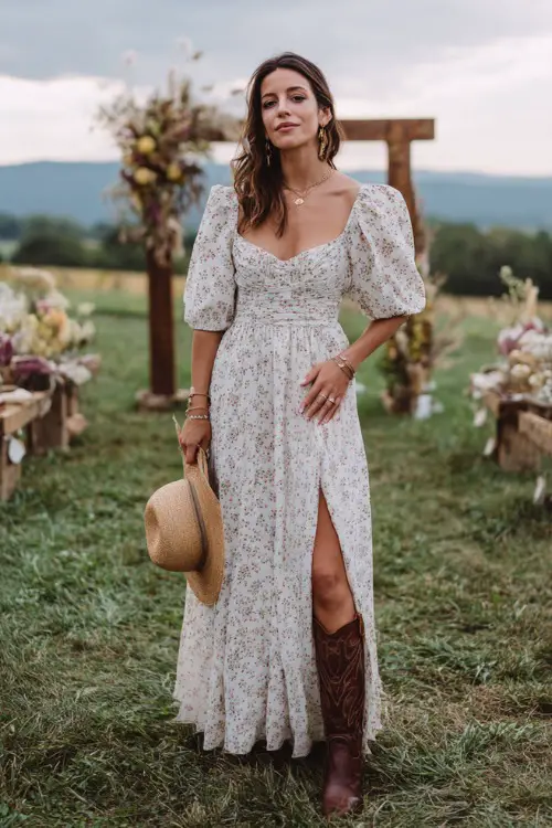 A woman wearing a white floral print maxi dress with a high slit and puff sleeves, styled with brown knee-high western boots and a straw hat in hand 