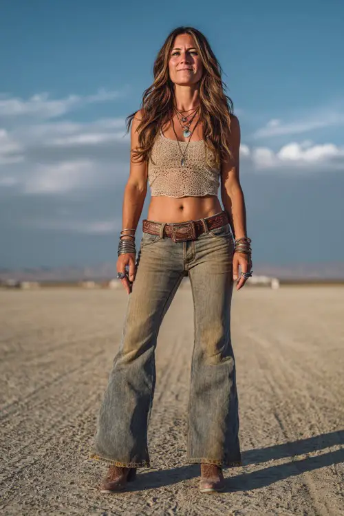 A woman wearing flare jeans, a tucked-in crochet tank, and brown cowboy boots, accessorized with a simple pendant necklace and bangles