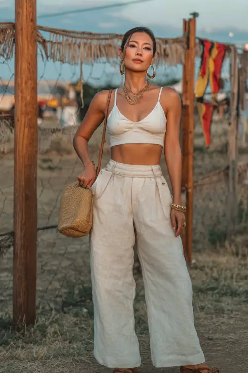 A woman wearing linen wide-leg pants with a cropped tank top and tan slide sandals, accessorized with gold jewelry and a straw tote 