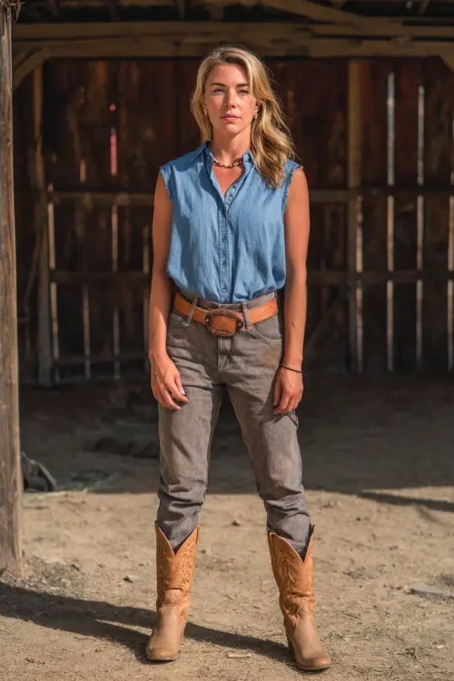 A woman wearing loose-fit mom jeans, a tucked-in sleeveless chambray shirt, and tan cowboy boots, with a leather belt and subtle jewelry 