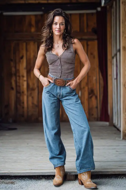 A woman wearing loose-fit mom jeans, a tucked-in sleeveless chambray shirt, and tan cowboy boots, with a leather belt and subtle jewelry