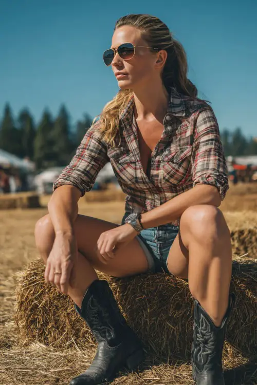 A woman wearing rolled-up denim shorts, a tucked-in plaid shirt, and black cowboy boots, with aviator sunglasses and a wristwatch