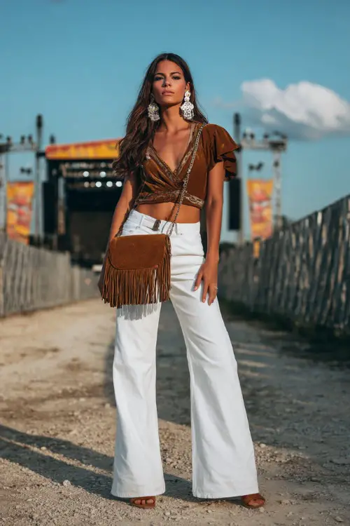 A woman wearing straight-leg white jeans, a crop top with flutter sleeves, and brown leather sandals, styled with a suede fringe bag and long earrings 