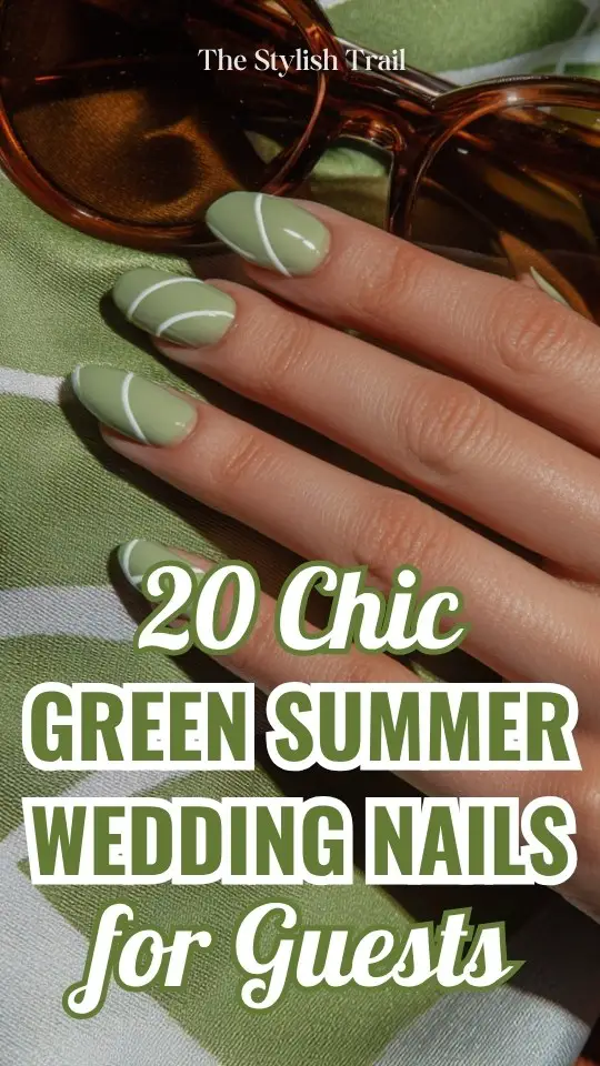 Almond-shaped green summer wedding guest nails with glossy finish and white diagonal line accents