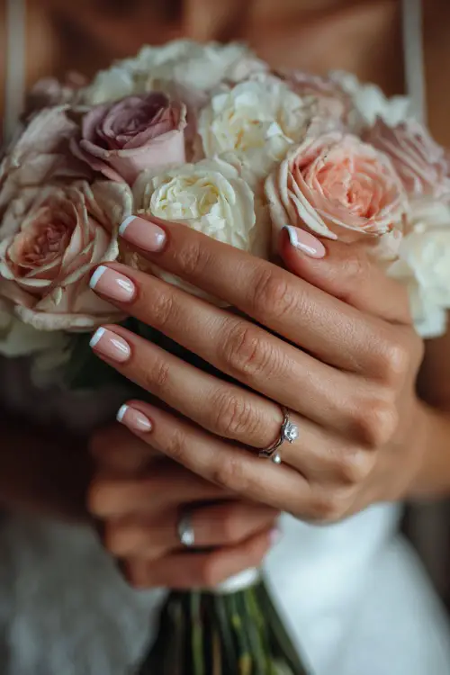 Bridal hand holding a soft rose bouquet, showcasing classic French tip nails with tiny pearl accents 