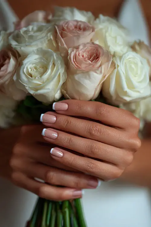 Bridal hand holding a soft rose bouquet, showcasing classic French tip nails with tiny pearl accents