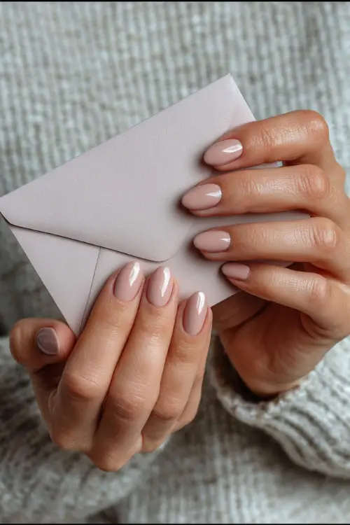 Bridal hand holding a wedding invitation, nails in soft pastel peach with chrome tips, laid on an elegant envelope