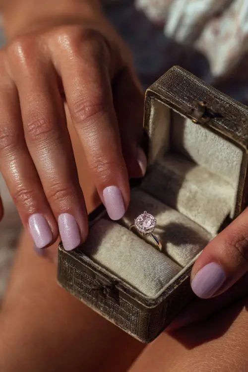 Bridal hand placing a ring inside a vintage jewelry box, square nails in pale lilac with soft shimmer and minimal white flower art on the ring finger,