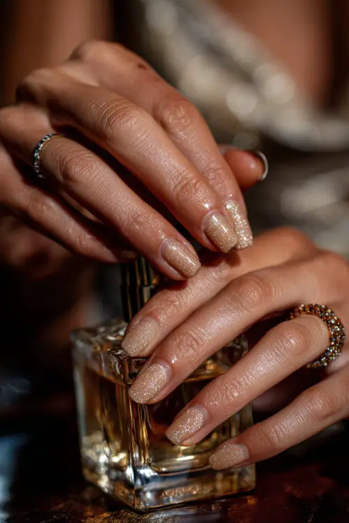 Bridal hand pouring perfume on wrist, nails painted in shimmering champagne gold with micro glitter fade and delicate rhinestone cuticle cuffs 
