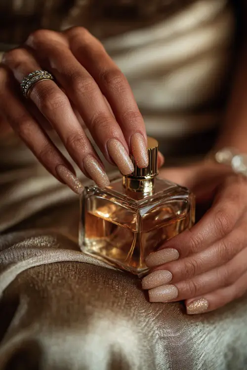 Bridal hand pouring perfume on wrist, nails painted in shimmering champagne gold with micro glitter fade and delicate rhinestone cuticle cuffs