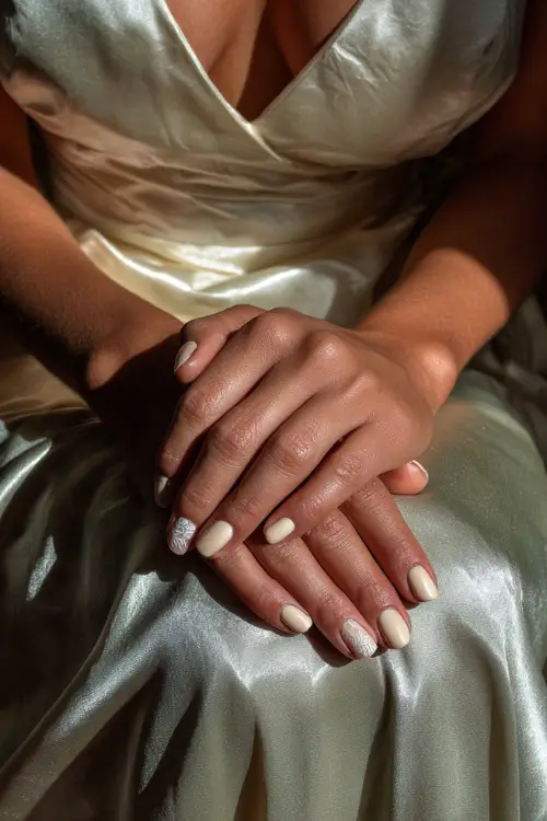 Bridal hands crossed on lap in a silk gown, medium oval nails in creamy ivory polish with one accent nail in lace texture