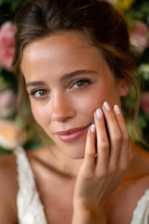 Bride gently touching her cheek, short square nails in pale ivory with a single mini gem on each ring finger, soft light against a floral backdrop 
