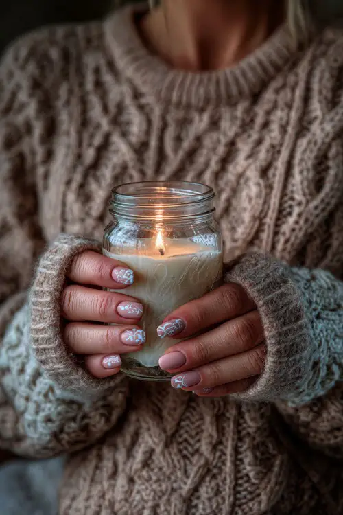 Bride holding a candlelit glass jar, square-shaped nails in warm blush with delicate white floral stamping across the tips, cozy indoor background