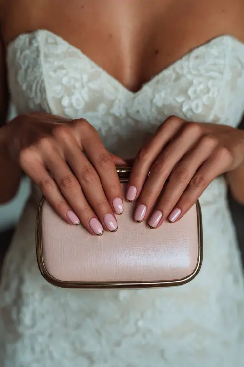 Bride holding a small bridal clutch, square-shaped nails in glossy baby pink with metallic gold half-moon base accents