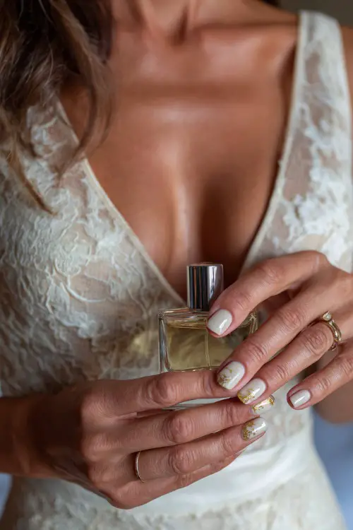 Bride holding perfume bottle, short oval nails in creamy ivory with tiny gold foil accents on the ring fingers, glamorous bridal suite background 