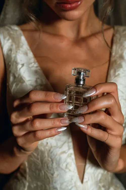 Bride holding vintage perfume bottle, extra-long acrylic nails in clear base with silver glitter French tips and 3D mini bows