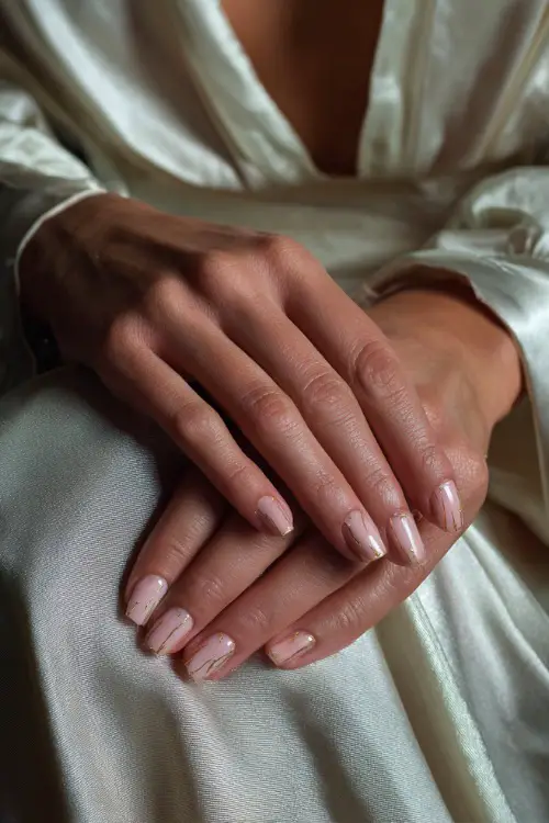 Bride’s fingers resting on a silk wedding dress, long square acrylic nails in soft peach-pink with embedded gold foil flakes
